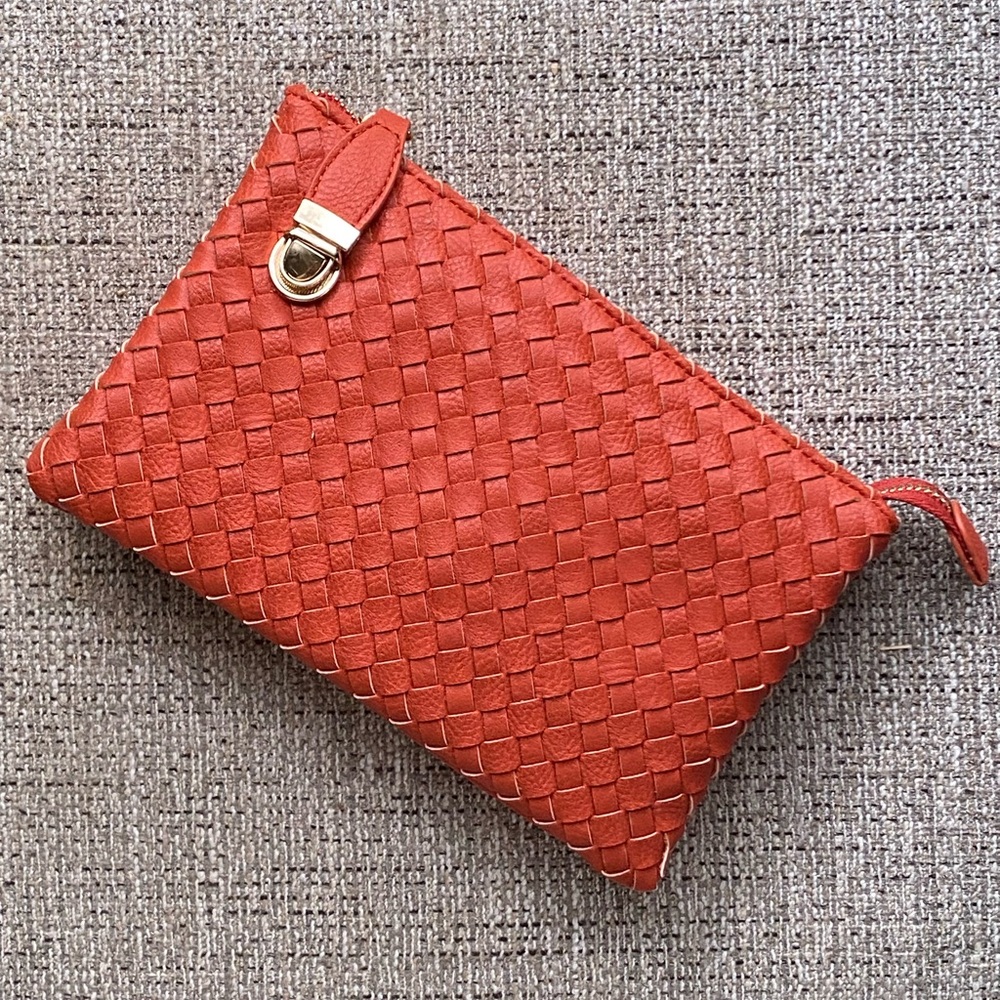 Woven orange vegan leather bag: crossbody, clutch, wrist strap